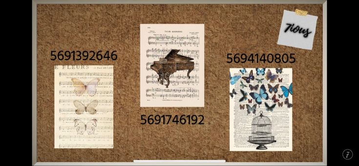 a cork board with several pieces of paper on it and butterflies around the edges, including sheet music