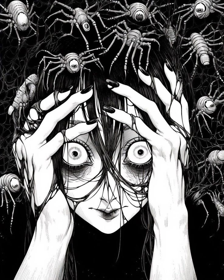 a woman covering her eyes in front of many spider crawling on her head and hands