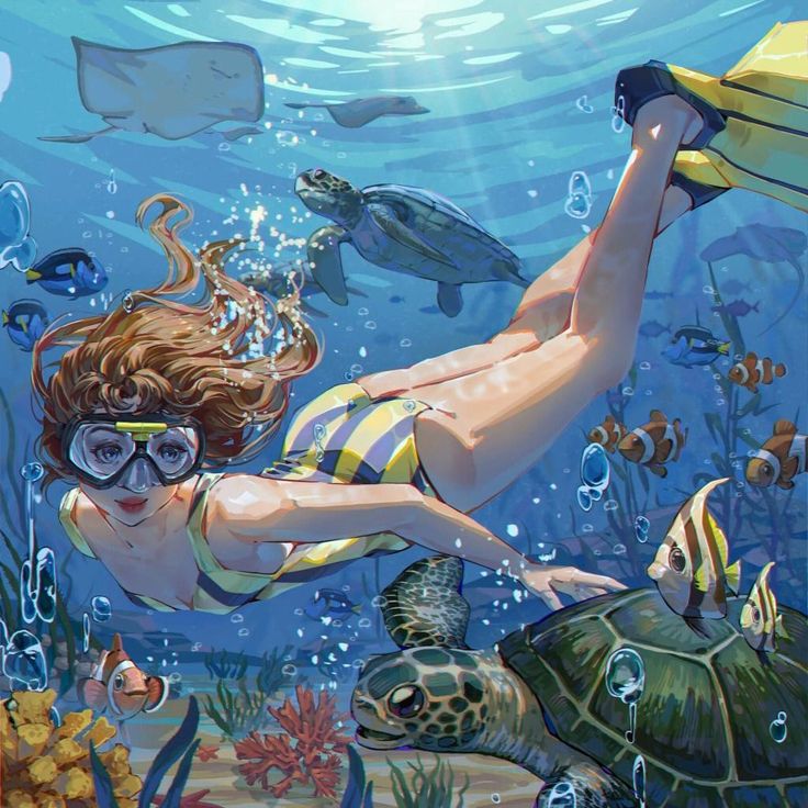 a painting of a woman swimming in the ocean with turtles and other sea creatures around her