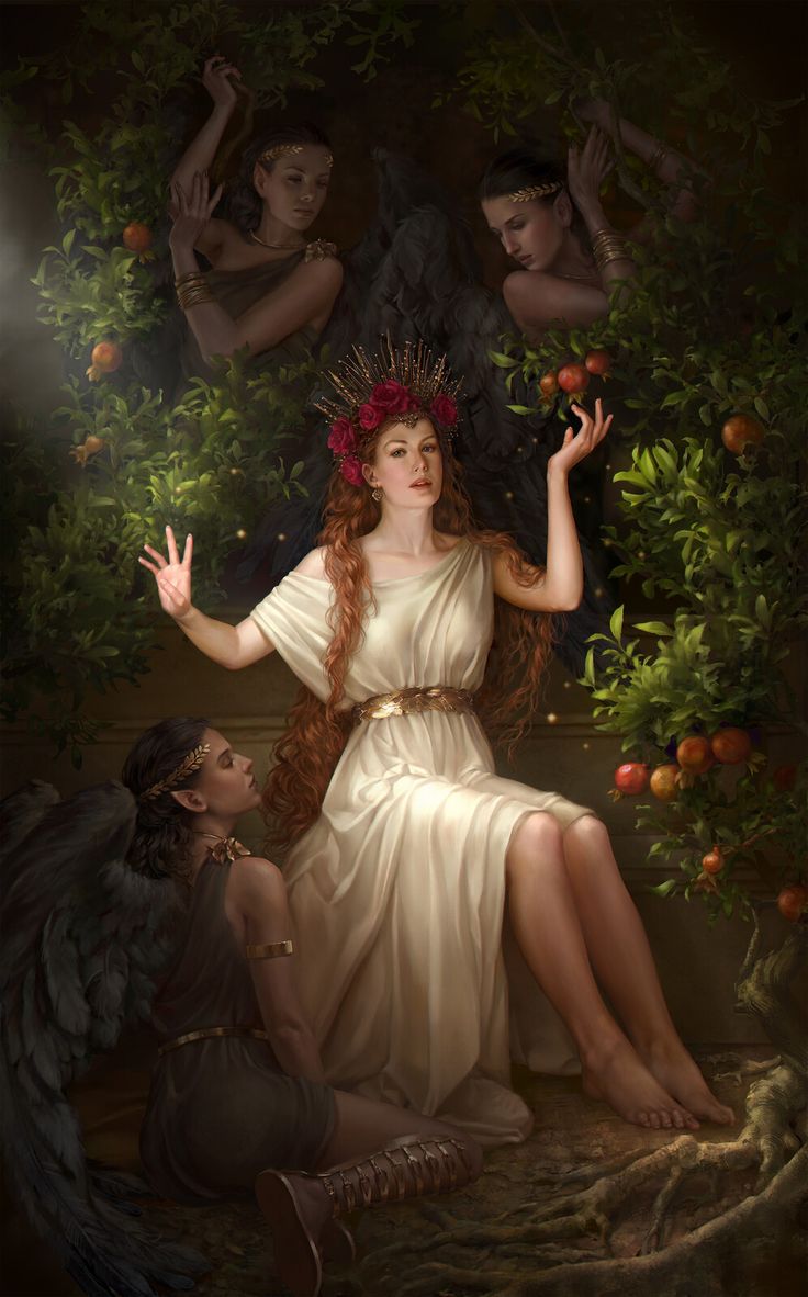 a painting of a woman sitting on the ground next to an orange tree with angels