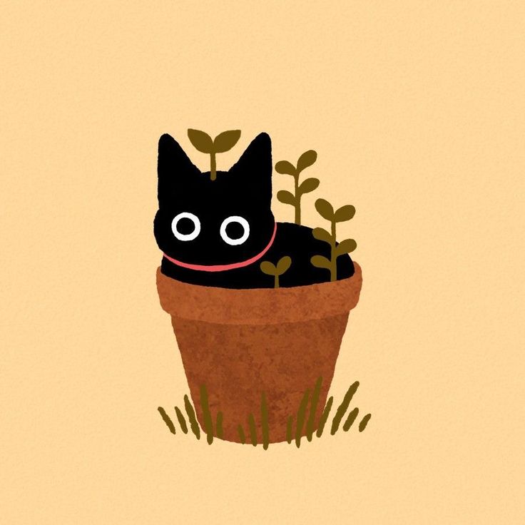 a black cat sitting in a potted plant with eyes on it's face