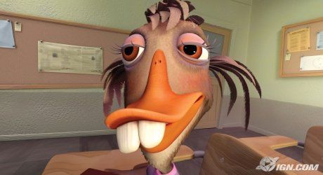 a cartoon character with an orange beak wearing a purple shirt and pink tie sitting at a desk