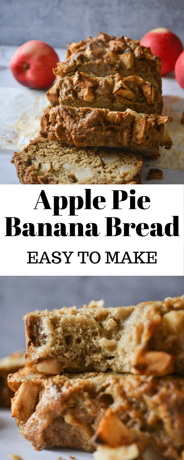 an apple pie banana bread is cut in half and stacked on top of each other