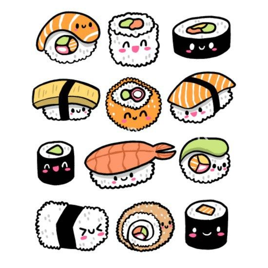 an assortment of sushi on a white background