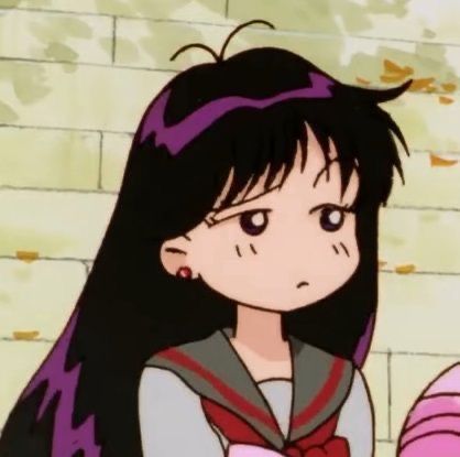 an anime character with long black hair wearing a purple and white outfit, standing in front of a brick wall