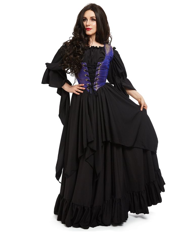 This Lovely Sorceress Costume includes the Bodice, Underskirt and ChemiseThis lovely chemise has it all- Dramatic elongated sleeves, 4 point skit and a fitted, smocked waist. The full ruffle skirt is long enough to be tucked in or worn over a hoop skirt. The drawstring allows for a wonderful fit (see sizing below). The costume is tied together by the brightly colored bodice- in a stunning brocade. Sizing:Bodice Sizing (in inches):Size Bust Waist Lengths/m 34-36 26-28 16"l/xl 38-40 30-32 16"1X/2X Gothic Cosplay Costume For Medieval Festivals, Black Elven Medieval Dress For Costume Party, Gothic Cosplay Costume For Cosplay Events, Black Elven Medieval Dress For Larp, Gothic Cosplay Costume For Larp And Halloween, Black Elven Medieval Dress For Festivals, Black Elven Medieval Dress For Medieval Festivals, Fitted Medieval Witchy Costume Dress, Fitted Witchy Medieval Dress For Costume