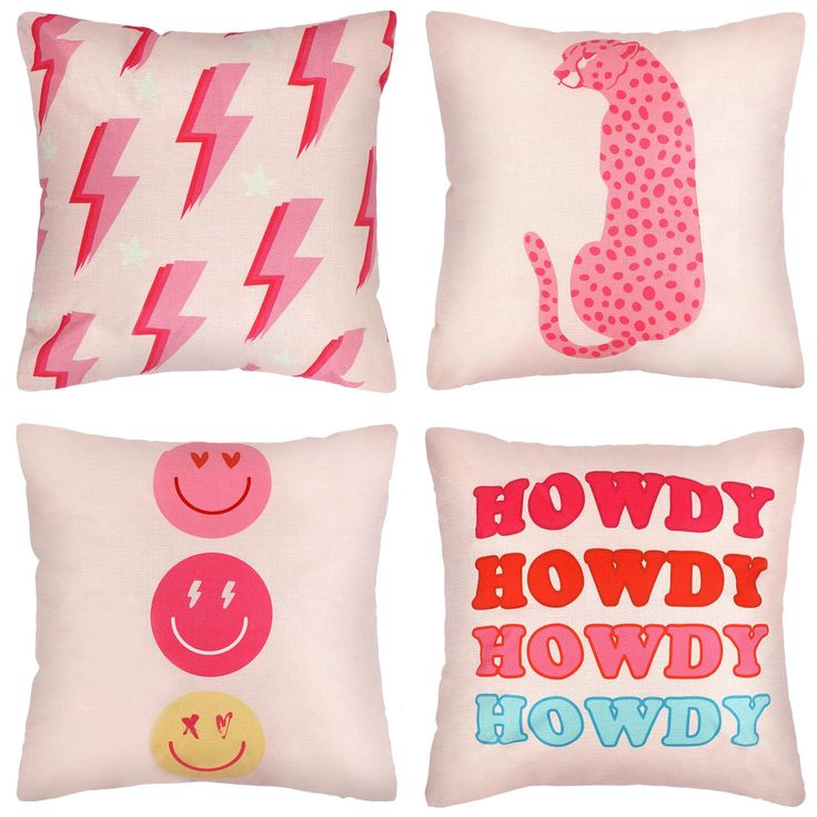 four pillows with different designs on them in pink and red colors, one has a cat