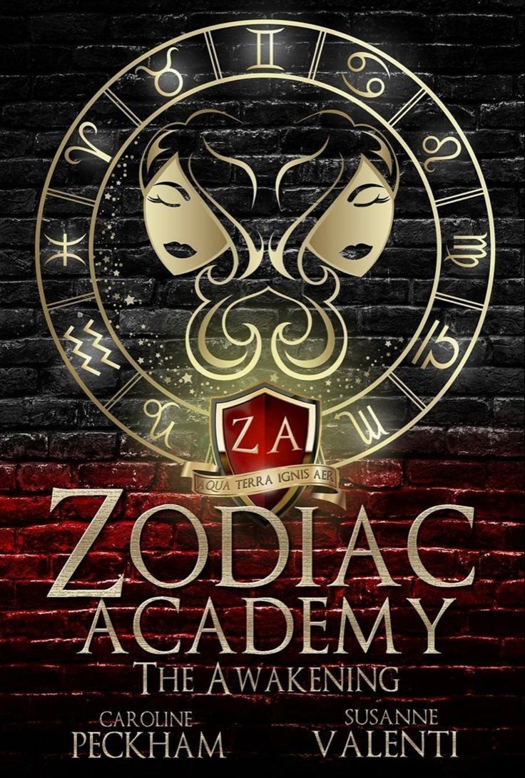 the poster for zodiac academy, which is on display in front of a brick wall