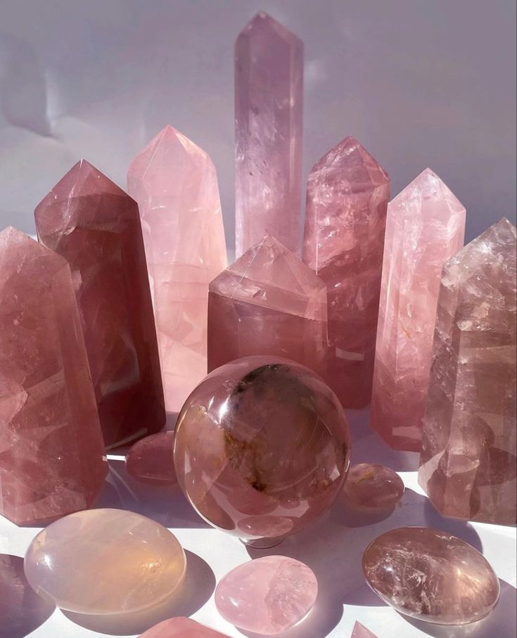 pink crystals are arranged next to each other