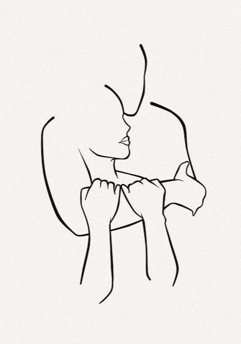 a line drawing of a man kissing a woman's head with her hands on her chest