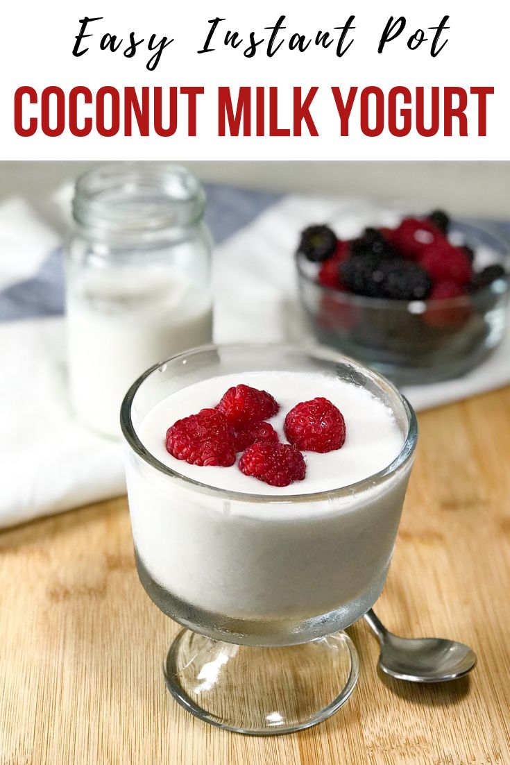 a bowl of yogurt with raspberries in it and the words easy instant post coconut milk yogurt