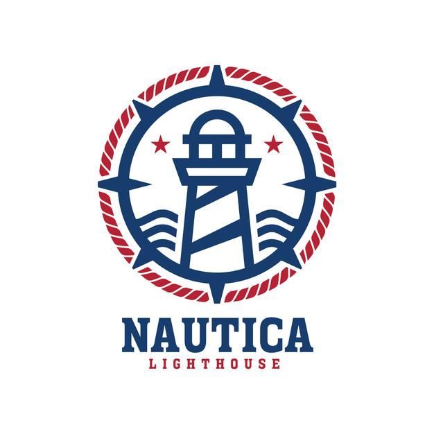 the nautica lighthouse logo is shown in red, white and blue with an american flag