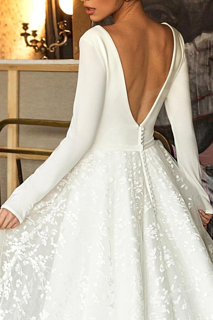 White Tulle A Line Wedding Dress Sexy Deep V Neck Long Sleeves Stunning Back - A Thrifty Bride Shop Bridal Gowns Satin, Tulle A Line Wedding Dress, Wedding Dresses Long Sleeve, Boho Bridal Gowns, A Line Wedding Dress, Deep V Neck, White Wedding, Deep V, Wedding Dresses