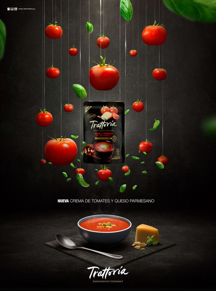 an advertisement with tomatoes hanging from strings and cheese on the side, in front of a black background