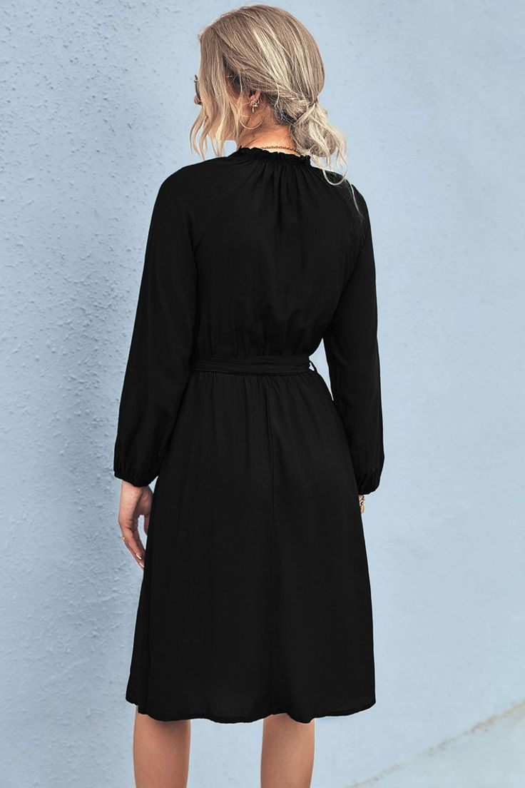 Belted Frill Neck Long Sleeve Dress Belted Long Sleeve Knee-length Dress For Spring, Spring Knee-length Belted Long Sleeve Dress, Chic Plain Black Dress, Chic Black Plain Dress, Flowy Long Sleeve Belted Dresses, Solid Color Maxi Length Dresses For Fall, Solid Color Long Sleeve Shift Dress, Fitted Belted Long Sleeve Dress For Spring, Plain Non-stretch Knee-length Dresses