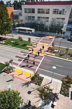 an aerial view of people walking on the sidewalk