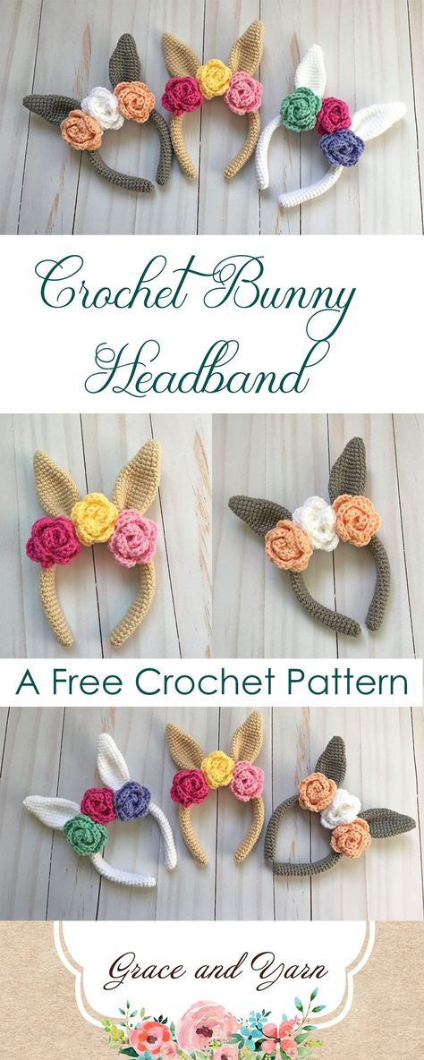 crochet bunny headbands with flowers and leaves on them are shown in three different colors