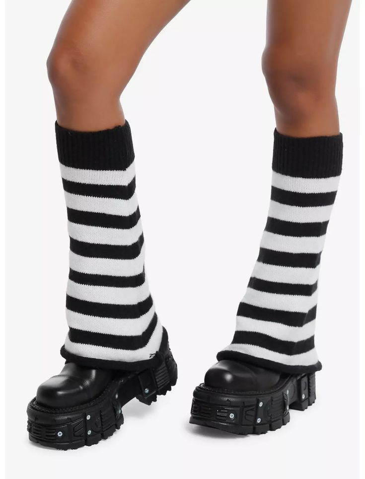 Black & White Stripe Flared Leg Warmers Striped Stretch Socks For Winter, Stretch Striped Socks For Winter, Casual Striped Leg Warmers For Winter, Casual Striped Leg Warmers For Fall, Trendy Black Ribbed Leg Warmers, Winter Streetwear Socks, Black Ribbed Knee-high Socks For Winter, Black Knee-high Socks For Winter Streetwear, Striped Leg Warmers