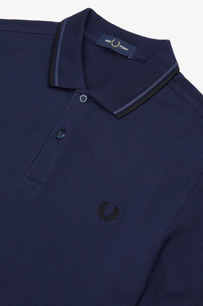 Fred Perry Polo Carbon Blue / Midnight Blue / Black Navy Polo Shirt With Striped Collar For Work, Navy Striped Collar Polo Shirt For Workwear, Blue Spread Collar Polo Shirt For Work, Blue Polo Shirt With Spread Collar For Work, Collared Blue Tops With Contrast Trim, Blue Collared Tops With Contrast Trim, Blue Collared Top With Contrast Trim, Classic Blue Polo Shirt For Formal Occasions, Classic Navy Polo Shirt With Contrast Collar