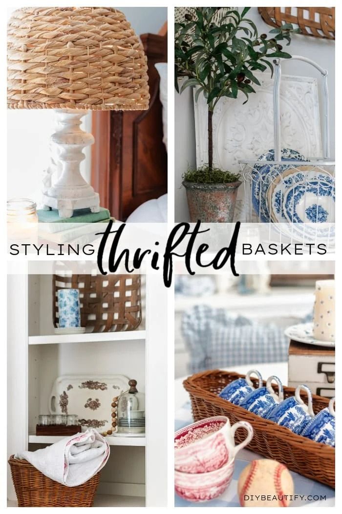 some baskets and vases are sitting on the shelves in this collage with text overlay saying, styling thrifted baskets