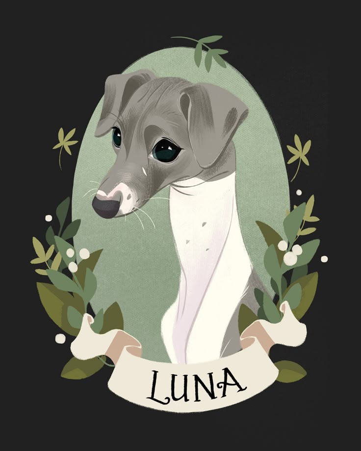 a drawing of a dog with flowers around it's neck and the word luna written in black