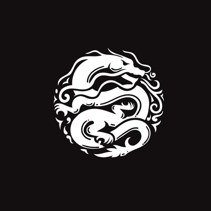 a white dragon on a black background in the shape of a circle, with an intricate pattern