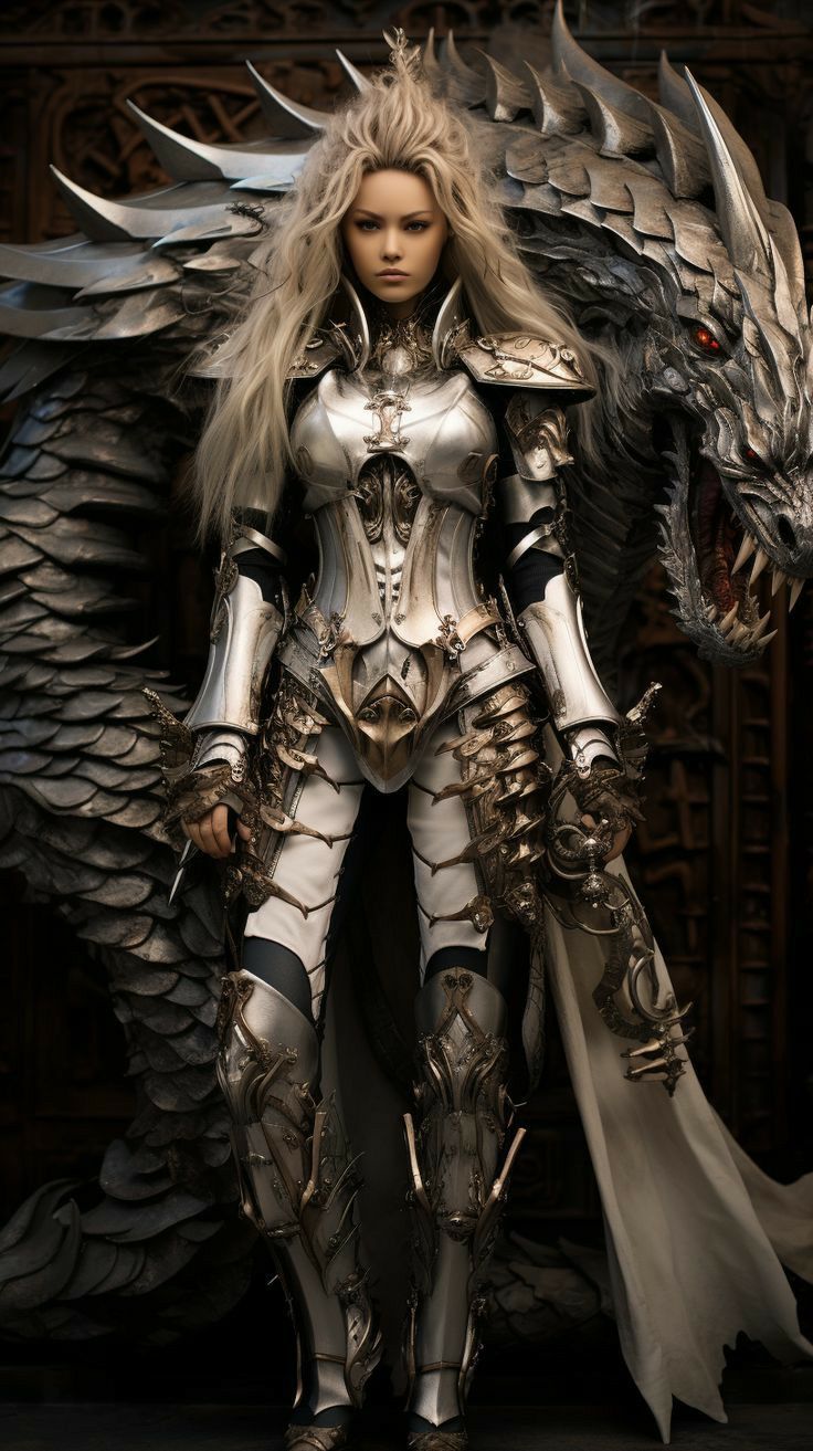 a woman dressed as a knight standing in front of a giant dragon like creature with wings