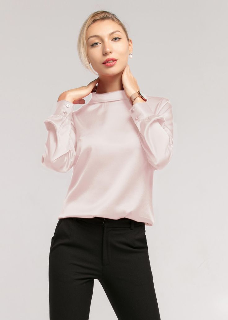 Silk Benefits, Stand Collar Blouse, Shirt Blouses Women's, Popular Shirt, Neck Bow, Latest Tops, Knitted Coat, Woman Standing, Womens Basic