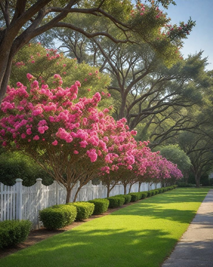 pink flowers line the side of a white picket fence in front of green grass and trees