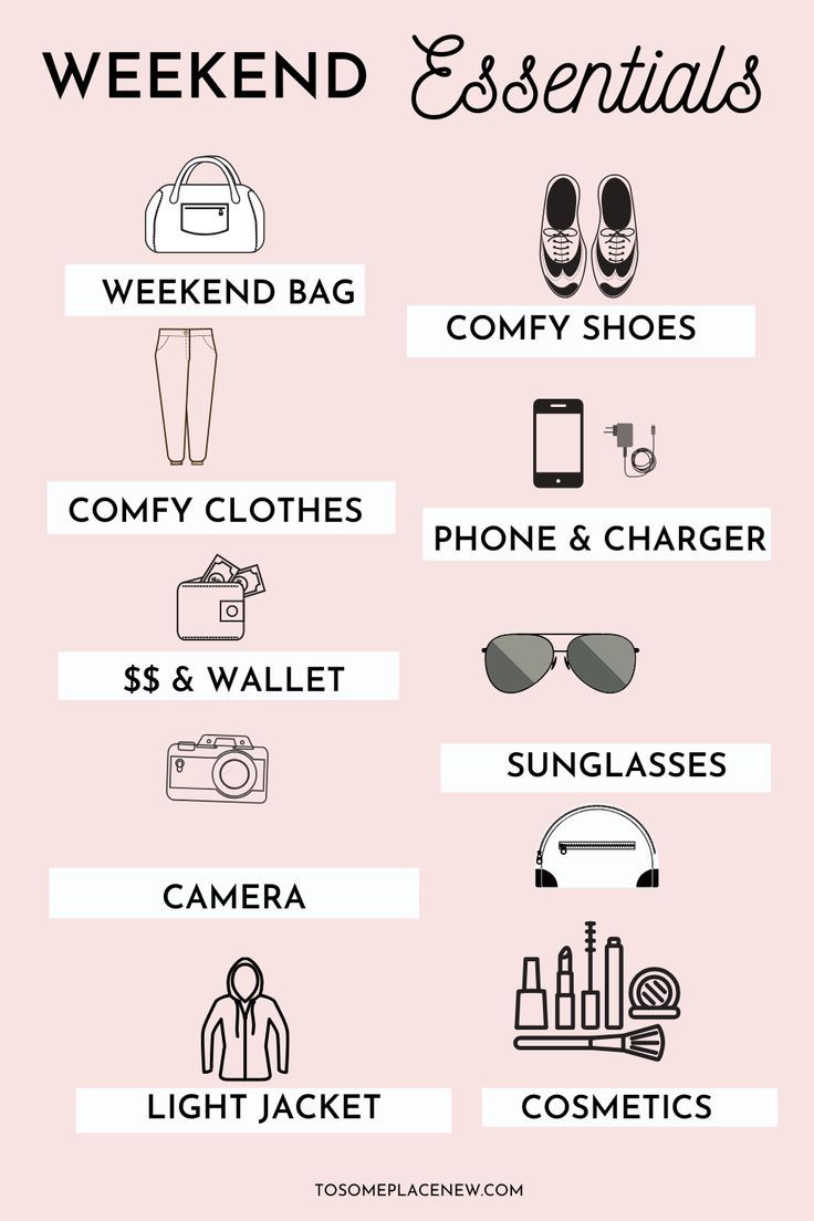 a poster with the words weekend essentials written in black and white on pink background