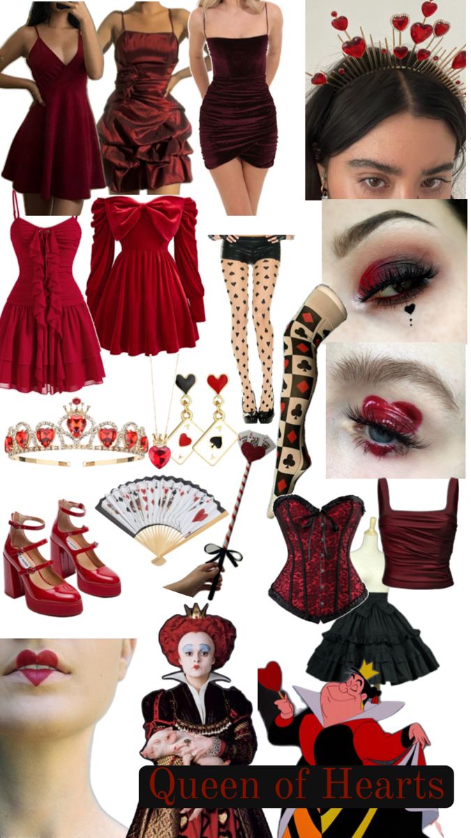 red dress corset crown  queen cards queen heart Queen Of Hearts Halloween Costume, Disney Villain Costumes, Queen Of Hearts Halloween, Queen Of Hearts Makeup, Halloween Costumes For Work, Horror Halloween Costumes, Matching Halloween Costumes, Queen Of Hearts Costume, Fun Office