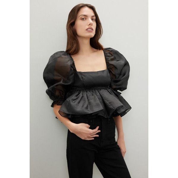 Black organza (100% Polyester Organza). Top. Short sleeves. Square neck. Back zipper closure.Imported. Black Sheer Blouse With Puff Sleeves, Chic Organza Tops For Evening, Chic Formal Organza Tops, Sheer Puff Sleeve Top For Party, Party Tops With Puff Sheer Sleeves, Chic Organza Tops For Party, Fitted Organza Blouse For Spring, Glamorous Organza Tops For Party, Fitted Organza Tops For Evening