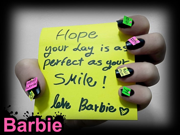 Sticky Notes Nails - Nail design of 3D cute colorfull sticky notes reminders on a black board. Barbie Nail Art, Nail Art Designs Tutorial, Barbie Nail, Note Reminder, Black Board, Tutorial Video, Design Gallery, Blow Your Mind, Nails Nail