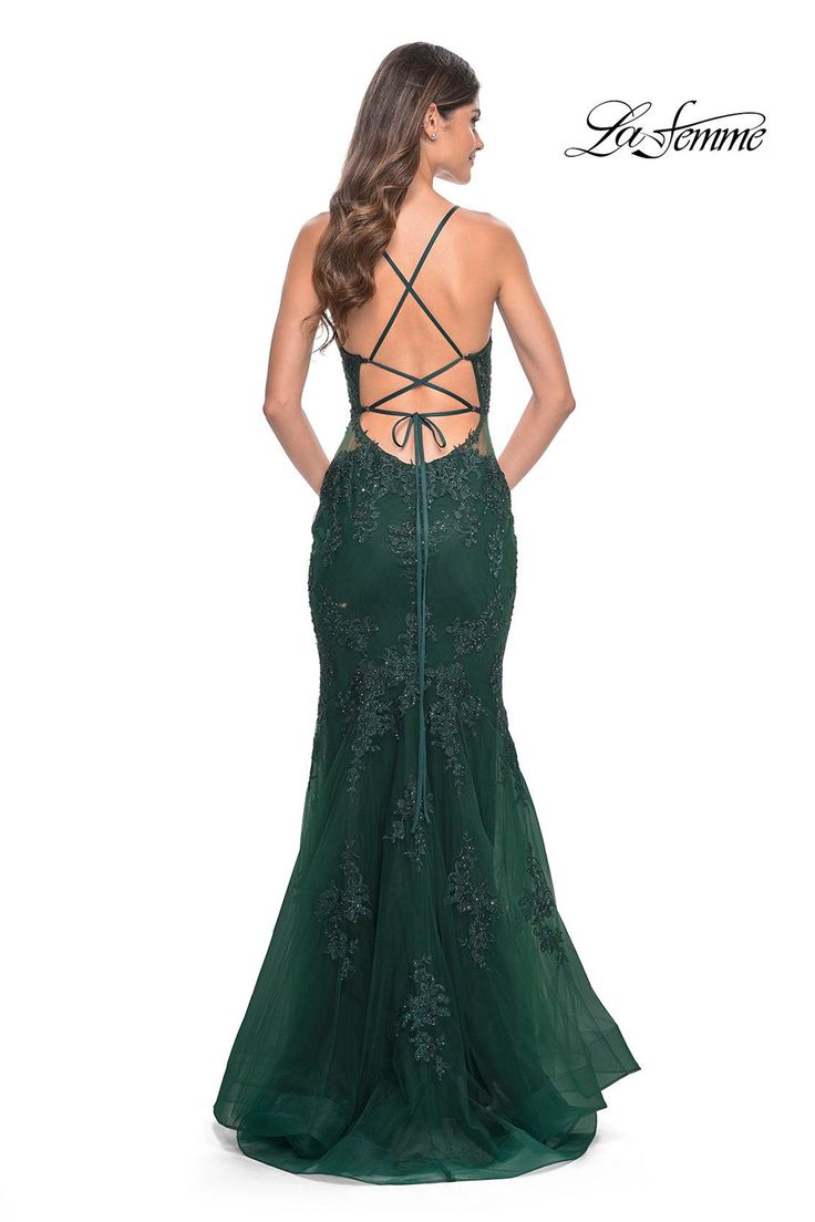 Experience timeless elegance with the La Femme 32305 Lace Dress. Crafted with intricate lace, this dress exudes sophistication and charm. Embrace delicate details and a figure-flattering silhouette, perfect for creating unforgettable memories. Elevate your style with this captivating choice for any special occasion. Emerald Green Prom Dress Long, Green Prom Dress Long, Emerald Green Prom, Emerald Green Prom Dress, Formal Prom Dresses Long, Prom 2024, Prom Dresses Long Mermaid, Mermaid Prom Dress, Open Backs