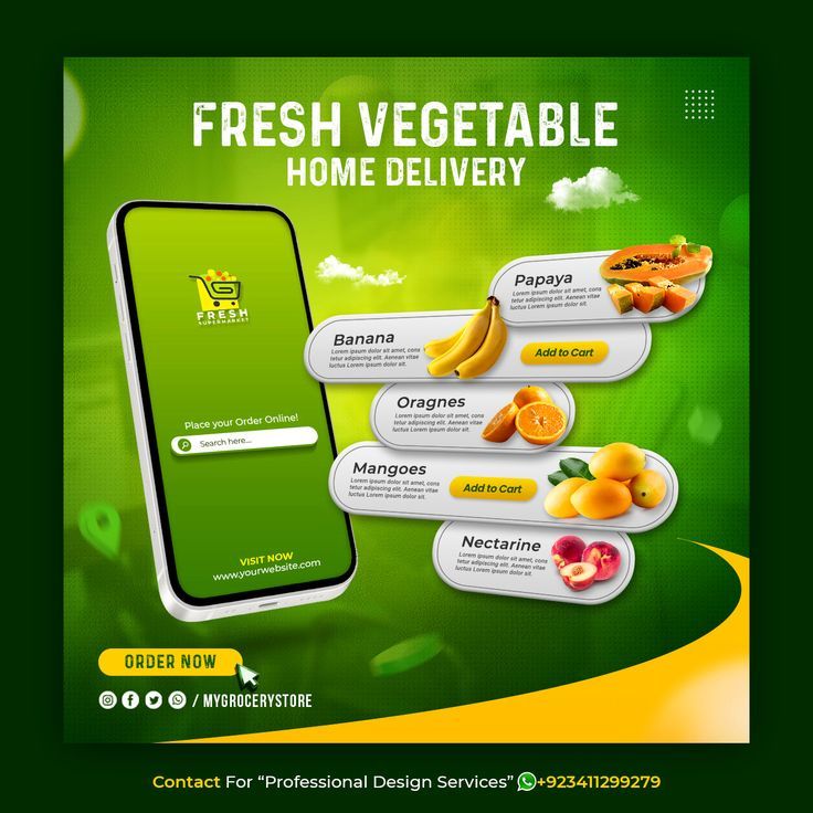 an advertisement for fresh vegetable home delivery with fruits and vegetables on the phone screen in front of it