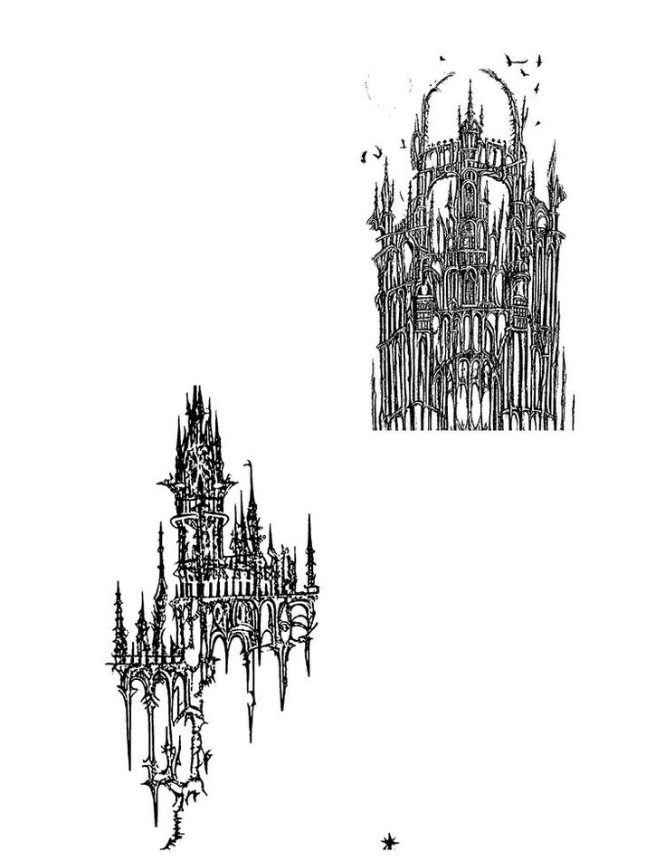 an ink drawing of a castle with spires