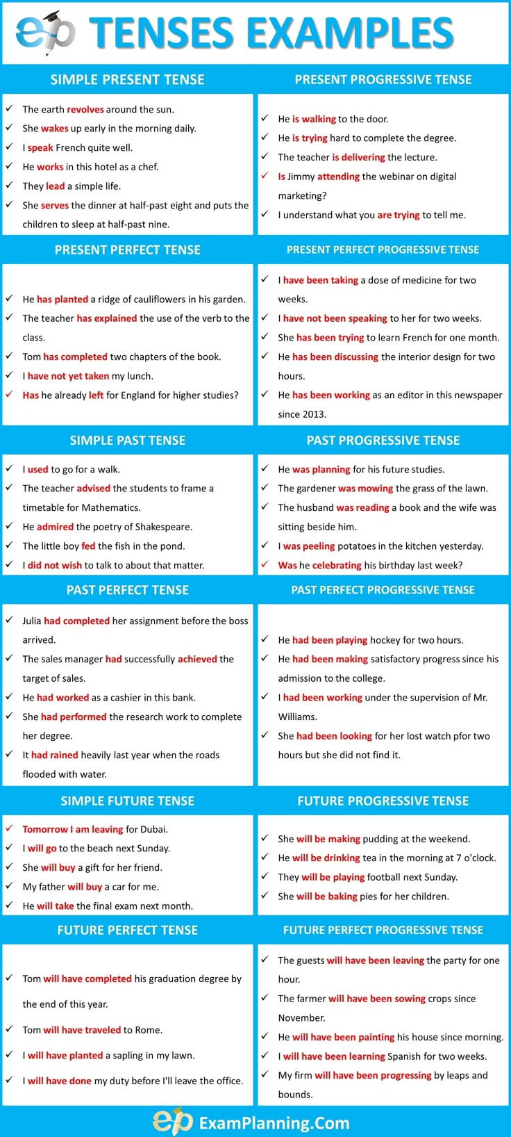 a blue and white poster with the words tenses examples on it's side