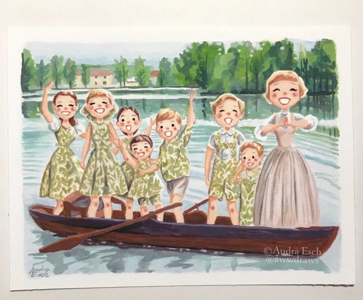 a painting of a family on a boat in the water with their arms up and smiling