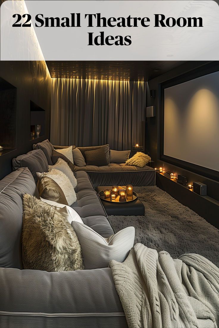 You can transform your small theatre room into a stylish and immersive entertainment space that maximizes floor space, enhances the viewing experience, and complements your personal style. Cinema Room With Fireplace, Home Theatre Color Scheme, Narrow Cinema Room, Tiny Media Room Ideas, Media Room Interior Design, Movie Theater Loft Ideas, Tiny Media Room, Classy Movie Room, Den Movie Room Ideas