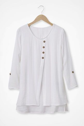 Stylish Misses Clothing & Apparel | Coldwater Creek Coldwater Creek Outfits, Thigh Sleeve, Gauze Tunic, Pink Charm, Shell Buttons, Coconut Shell, Comfort Wear, Coldwater Creek, Long Blouse