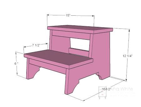 a pink step stool with measurements for the bottom and side steps on it's sides