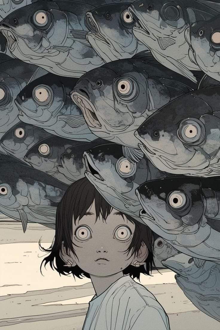 a person standing in front of a bunch of fish on top of each other's head