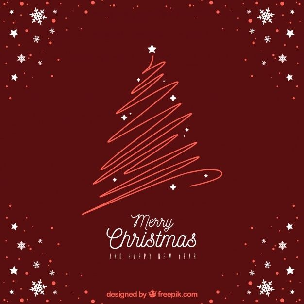 merry christmas and happy new year card with a tree on the red background, decorated with snowflakes