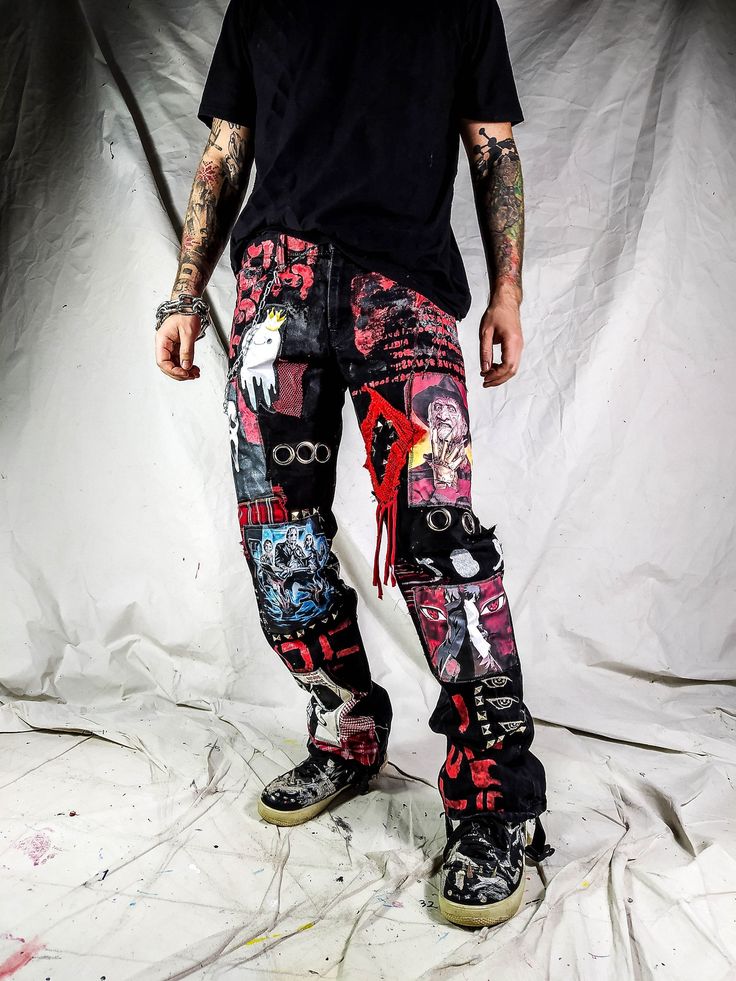 Custom Horror Thriller Punk Emo Metal Rock Goth Trap Anime - Etsy Grunge Streetwear Bottoms With Graffiti Print, Grunge Graffiti Print Bottoms For Streetwear, Halloween Grunge Streetwear Bottoms, Grunge Halloween Streetwear Bottoms, Grunge Bottoms For Halloween Streetwear, Edgy Streetwear Bottoms With Graffiti Print, Black Grunge Pants For Halloween, Black Punk Bottoms For Cosplay, Gothic Cotton Streetwear Bottoms