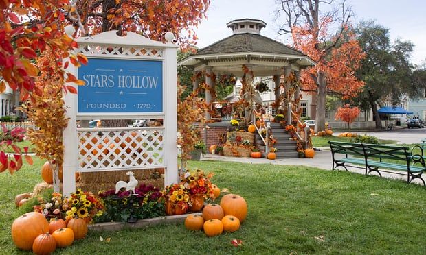 a sign that is in the grass with pumpkins around it and some trees behind it