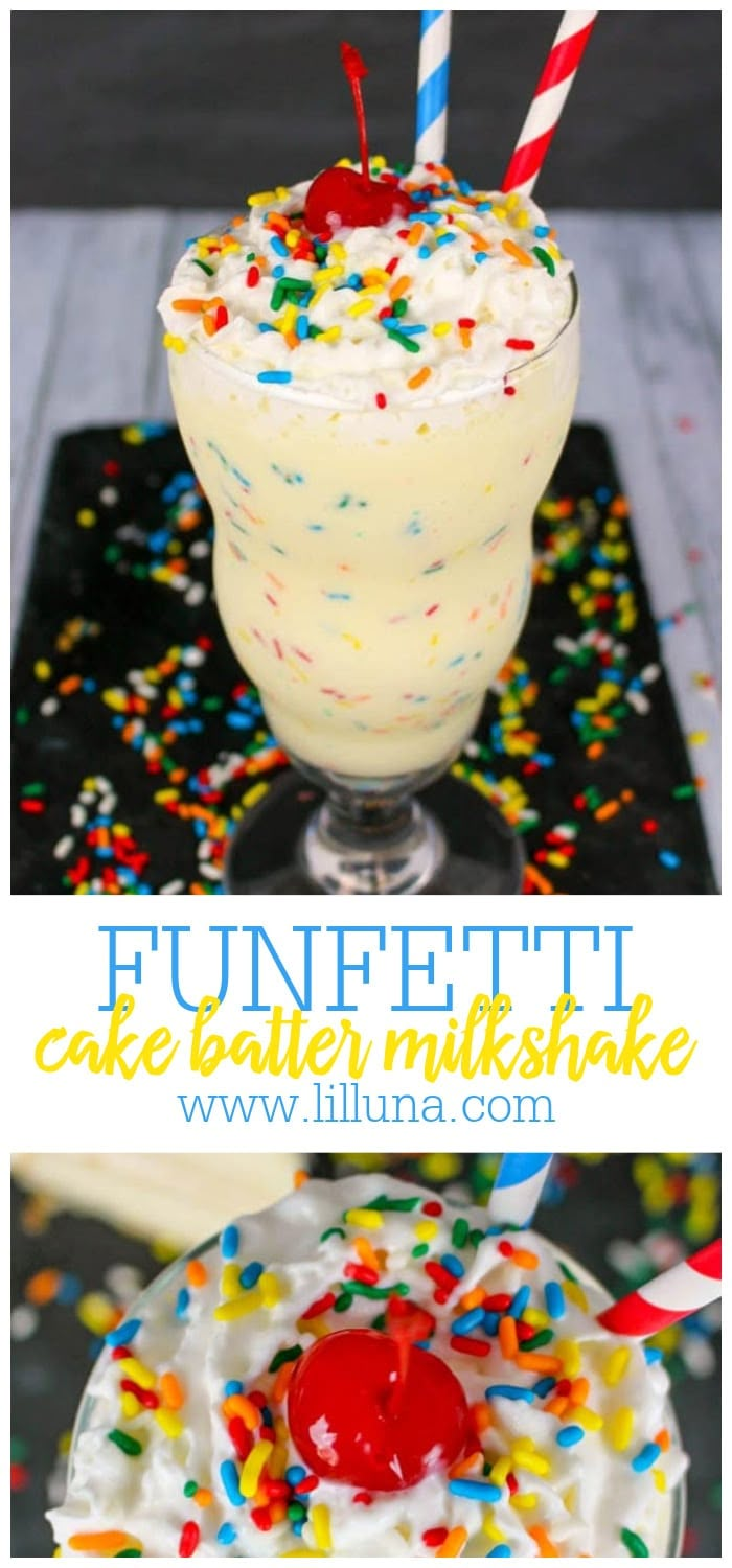 a cake batter milkshake with sprinkles on top