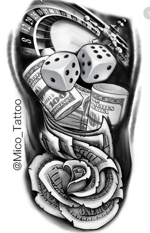 a tattoo design with dice and money on it