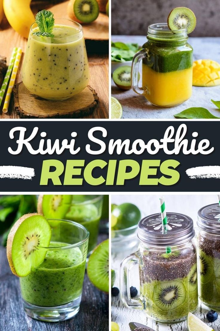 kiwi smoothie recipe collage with pictures of kiwis in mason jars