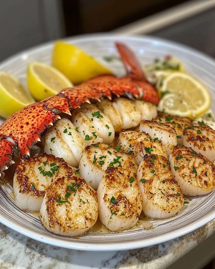 a plate full of lobster and scallops with lemon wedges on the side