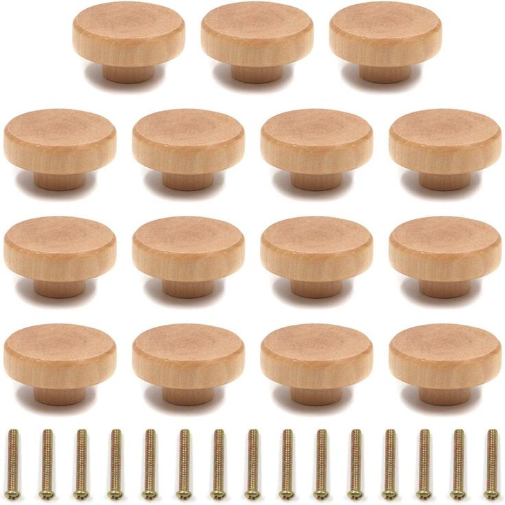 wooden knobs and screws are shown in this image